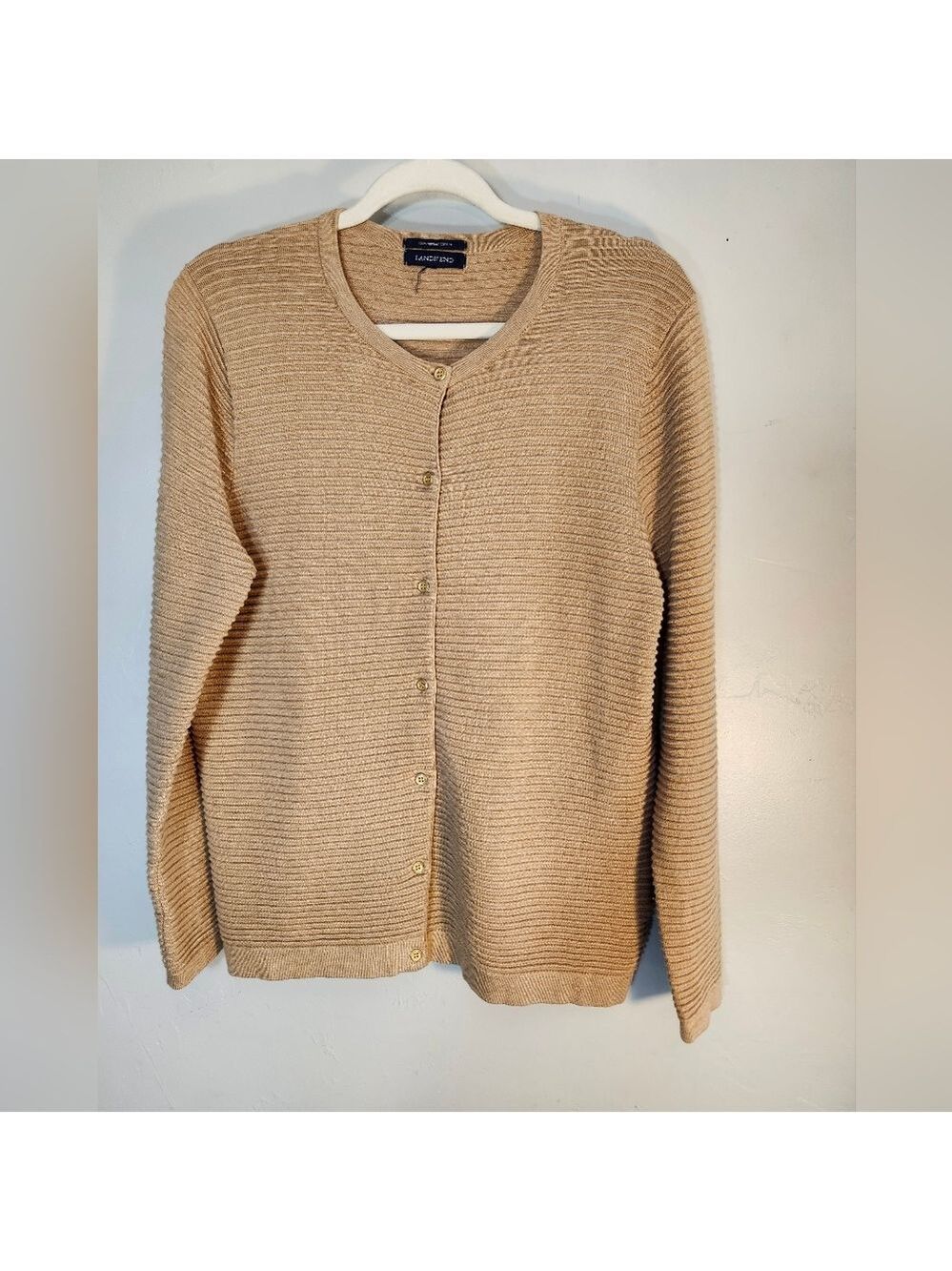 Lands' End Beige Cardigan Ribbed Sweater Botton Sz L - Picture 1 of 7
